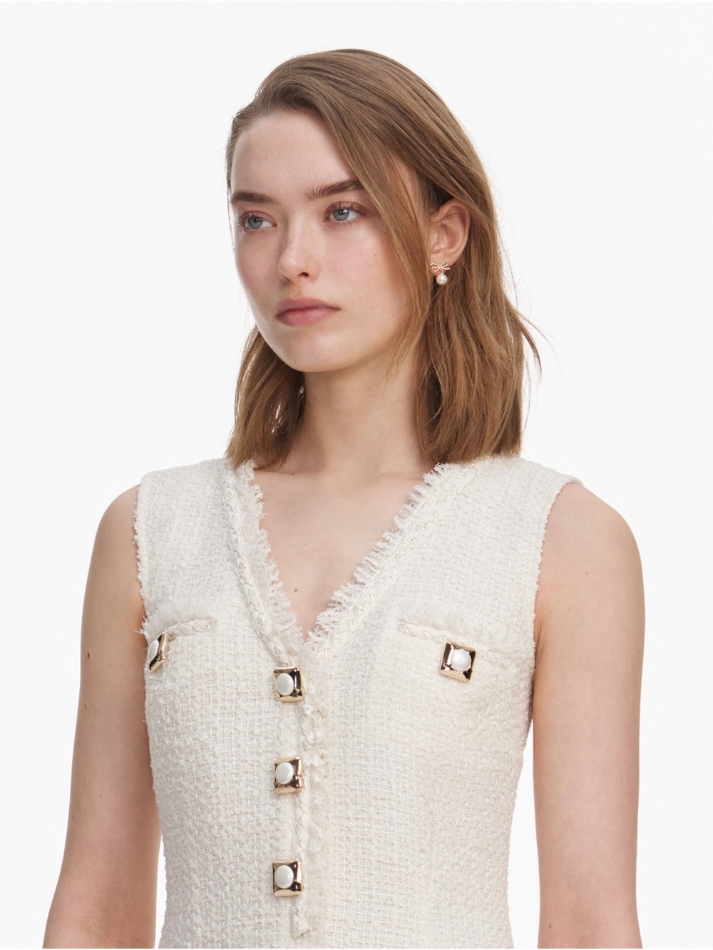 NWOT Self-Portrait CREAM SLEEVELESS BOUCLE MINI DRESS - Picture 3 of 7